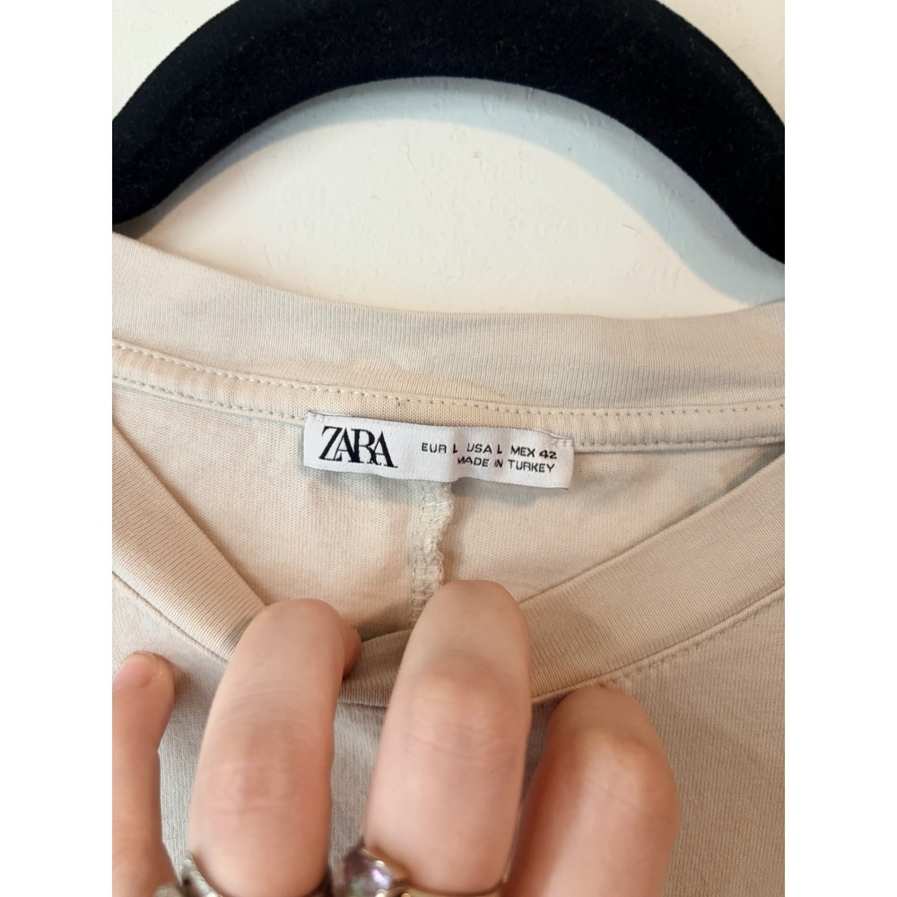 Zara Oversized Graphic Quote T-Shirt Womens Large Beige Minimalist Cotton Tee - Picture 4 of 6